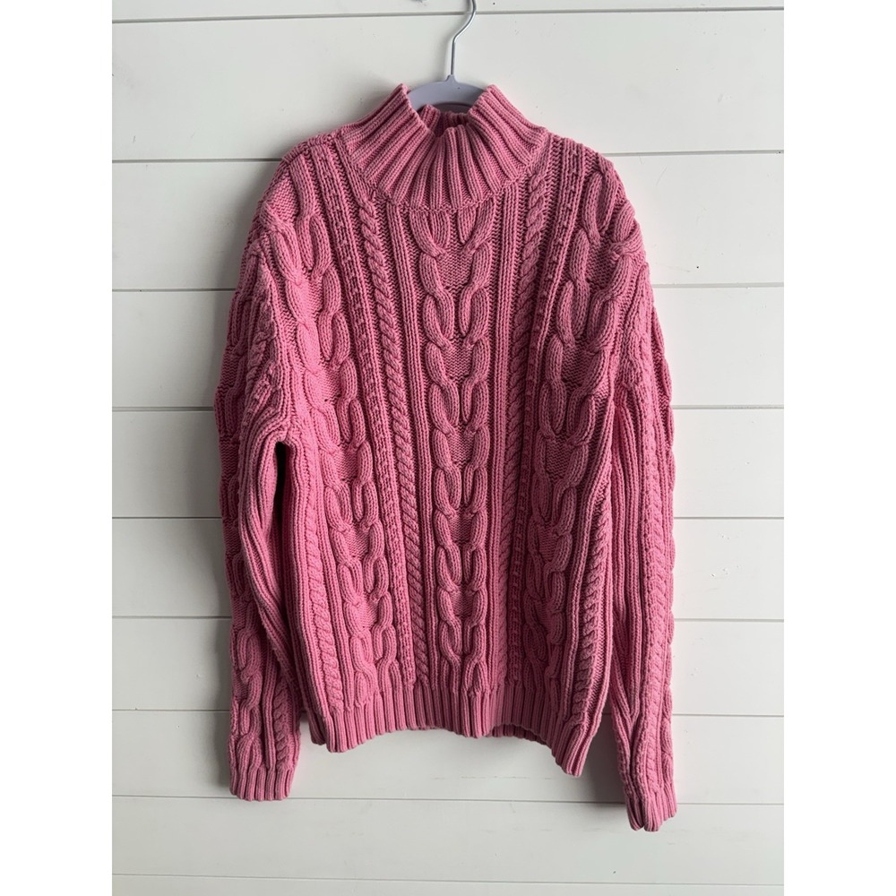 Chaps Pink Cable Knit Mock Neck Sweater Women's L‎ Cotton Long Sleeve Pullover